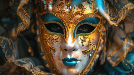 Close-up of the beautiful face of model C in a carnival mask. A traditional carnival mask.