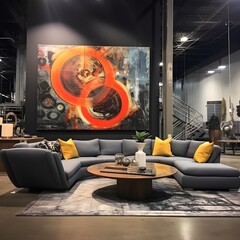 a lounge space that blends industrial aesthetics with artistic flair. Picture exposed pipes, concrete walls, and bold abstract art pieces