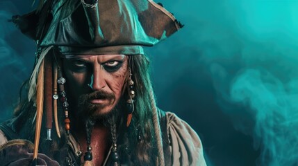 Studio photo of a pirate on a blue background with haze, fog. The captain has a beard, a hat and a...