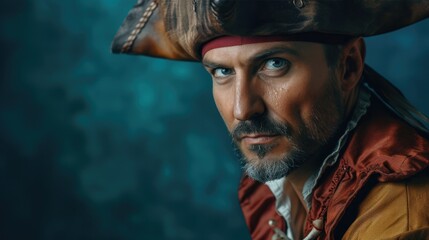 An animator, a model in a pirate costume with a hat and beard. A man looks into the frame, a close up view. Blue background with copy space