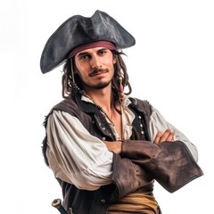 Photo of a model in a pirate costume on a white background. Studio photo of a male captain in a hat...