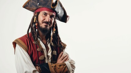 Studio photo of a pirate on a white background. The captain has a beard, a hat and a suit.