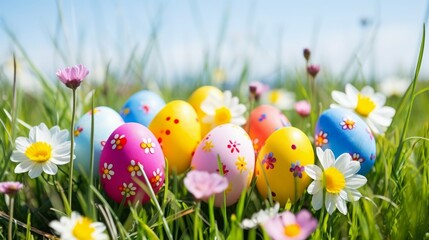 Fototapeta na wymiar Colorful Easter eggs decorated with flowers in the grass on blue sky background.