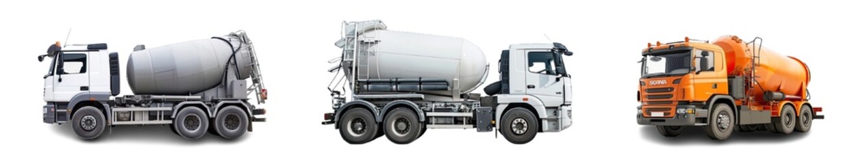 Collection of PNG. Concrete mixer truck isolated on a transparent background.
