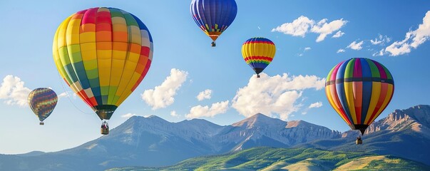 Colorful hot air balloon flying with mountain view