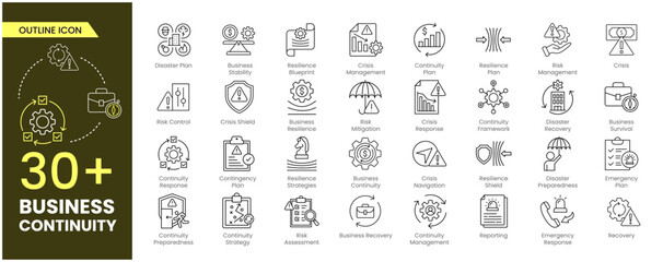 Business Continuity Outline icon set. Business team, Business Recovery, partnership, startup, Business
Survival, Risk Management, management, profit and successful key icons. Outline icons Collection.