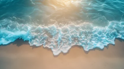 Fototapeten Abstract sand beach from above with light blue water wave and sun lights, generative ai © Chaman