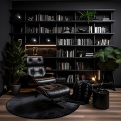 a minimalist reading nook enveloped in a noir aesthetic. Picture a built-in matte black bookshelf against a black feature wall