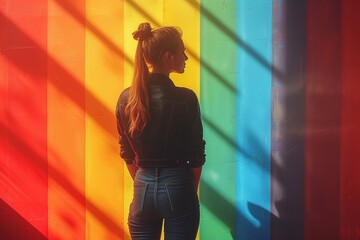 Woman against colorful striped wall painted in rainbow colour strips.