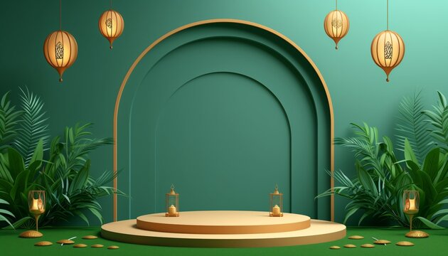 3d modern islamic podium in green background with lantern, mosque, grass, plant, gold. banner for islamic banner festivity like eid al adha, fitr, ramadan, etc