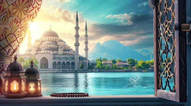 Serene Mosque Reflects Beauty by the Tranquil Lake Seamless looping 4k time-lapse virtual video animation background. Generated AI