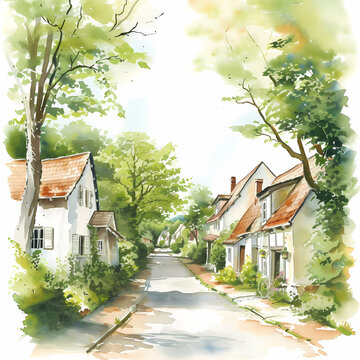 Quiet country lane and beautiful village,watercolor illustration, AI generated.