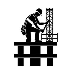 Construction worker on beam Logo Monochrome Design Style - obrazy, fototapety, plakaty