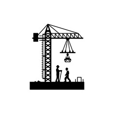 Construction workers and crane Logo Monochrome Design Style
