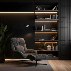a minimalist reading nook enveloped in a noir aesthetic. Picture a built-in matte black bookshelf against a black feature wall