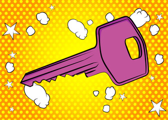 Cartoon Key, comic book home accessory. Retro vector comics pop art design.