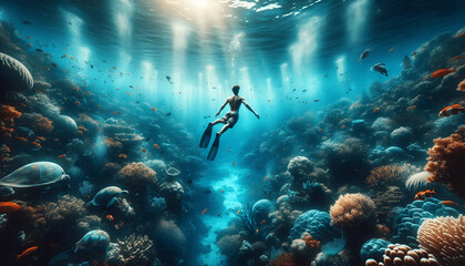 Naklejka na ściany i meble the man diving underwater in the ocean, exploring the serene beauty of the underwater world