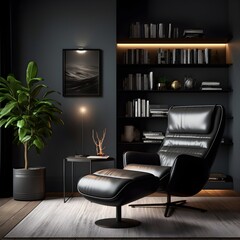 a minimalist reading nook enveloped in a noir aesthetic. Picture a built-in matte black bookshelf against a black feature wall