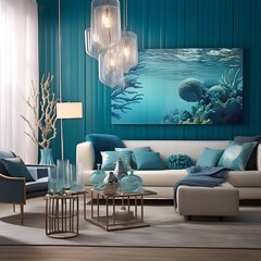 a lounge area with an underwater theme