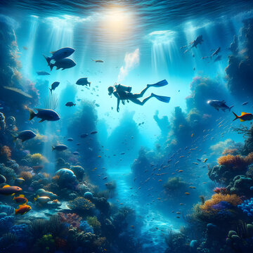 a man diving underwater in the ocean, exploring the serene and vibrant underwater world surrounded by marine life