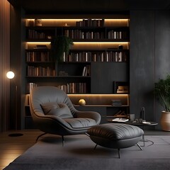 a minimalist reading nook enveloped in a noir aesthetic. Picture a built-in matte black bookshelf against a black feature wall