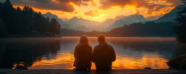 aged couple admiring autumn lake from pier Romantic couple with arms up sitting on old wooden pier...