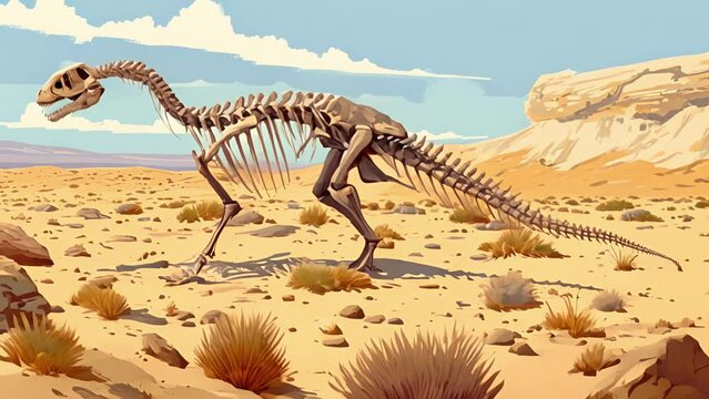 A large herbivorous dinosaur skeleton is seen halfburied in the desert sands with tered pieces of vegetation around it hinting at its diet and environment.