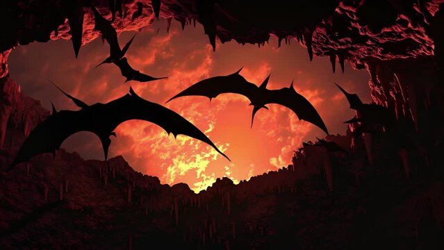 The silhouettes of Pteranodon roosting on the stalactites of a cave ceiling their wings folded as they rest and wait for nightfall.