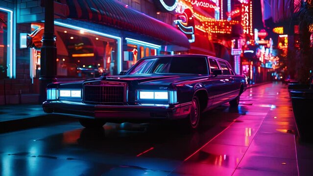 A sleek black limousine adorned with neon strips along its sides slowly rolling past a row of dazzling neon signs.