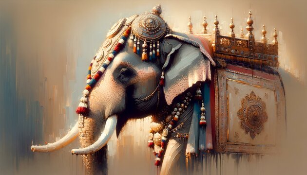 Painted elephant, decorated with flowers, gold and a blanket. Traditional, ritual style. Concept of Indian New Year and Elephant Festival. Illustration for design, print, greeting card, banner, poster
