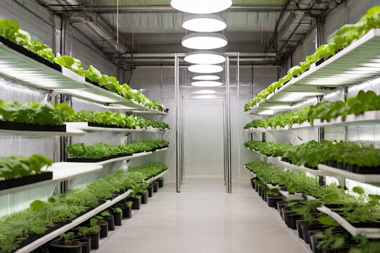 High-tech hydroponic farm. Vertical farming in building with advanced agricultural greenhouse technology. 