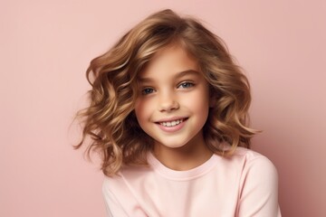 Portrait of a smiling little girl with long curly hair on a pink background