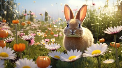Fototapeta na wymiar A cute Easter bunny in a meadow among blooming flowers and with colored eggs, a spring day during the Easter holidays.