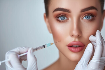 Biorevitalization Beautiful woman getting beauty injections hyaluronic acid smoothing face mimic wrinkles Anti-aging procedure improvement appearance medicine advertising youth girl lip augmentation