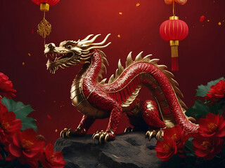golden chinese dragon on red color background generative ai. Lunar New Year Concept