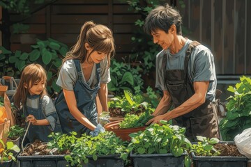 The family is composting food scraps, recycling and putting things in donation bags.
