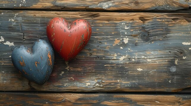 Two shiny hearts in love isolated on rough vintage wooden background with copy space, panorama.
