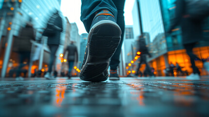 Fototapeta premium Clos-up of office worker shoes running on street, others blurred in movement walk by between building and street