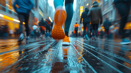 Clos-up Shoes of sports person running on street, others blurred in movement walk by between...