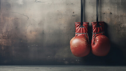 old boxing gloves hang on nail on texture wall with copy space for text. Retirement concept. advertising background for text
