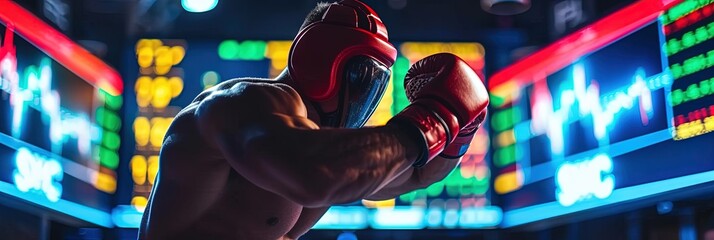 Sports betting concept with charts and graphs showing wins, losses, and odds with boxing, MMA, and kickboxing equipment