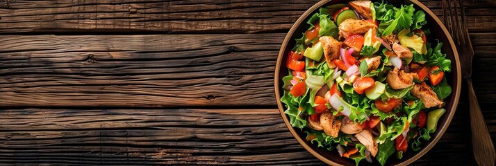 Overhead photo of a bowl of delicious grilled chicken salad on wooden table. 