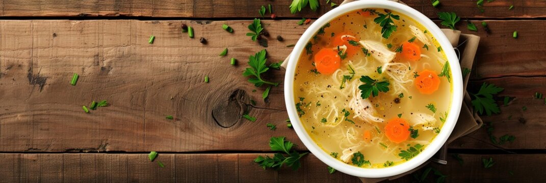 Overhead photo of a bowl of delicious chicken soup on wooden table. 