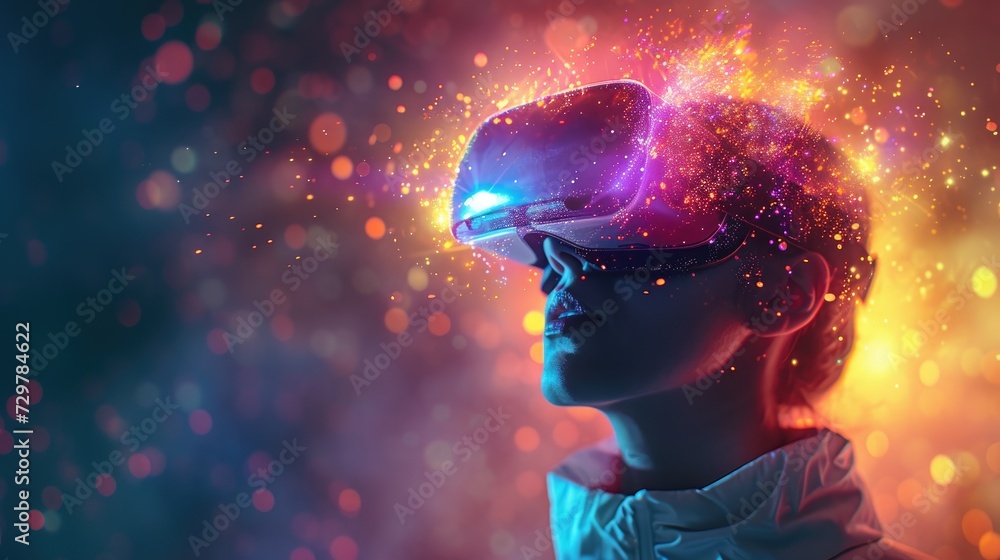 Wall mural vr glasses. woman with virtual reality headset stands illuminated by vibrant neon lights, suggesting