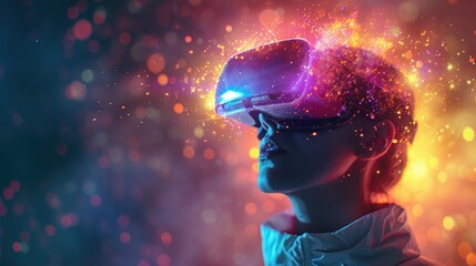 VR glasses. Woman with virtual reality headset stands illuminated by vibrant neon lights, suggesting futuristic technology. Generative AI - obrazy, fototapety, plakaty
