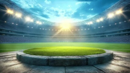 podium in the center of a football stadium, surrounded by rows of empty seats and light flashes. animation looping video style background
