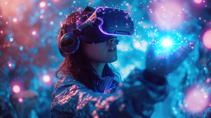 VR glasses. Young woman reaches out while immersed in a dynamic and interactive virtual reality experience, surrounded by glowing lights. Suggesting futuristic technology. Generative AI - obrazy, fototapety, plakaty