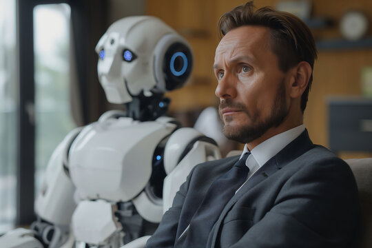 Businessman and humanoid AI robot 