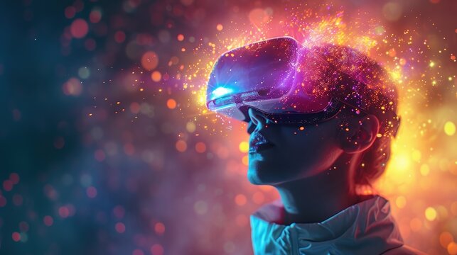 VR glasses. Woman with virtual reality headset stands illuminated by vibrant neon lights, suggesting futuristic technology. Generative AI