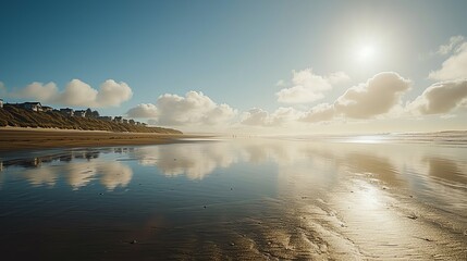 Tranquil Beach under Sunlight Reflecting on Water